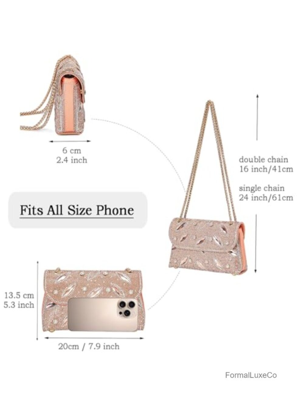 Rhinestone Evening Bag Crossbody Chain Shoulder Clutch Purse Faux Leather - Picture 5 of 6